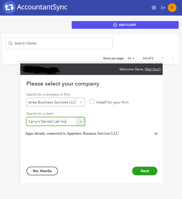 AccountantSync add client screen